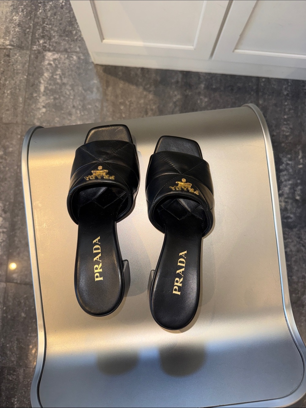 NIB Prada Black Quilted Leather Block Heel Mules with Gold Logo - Picture 5 of 8